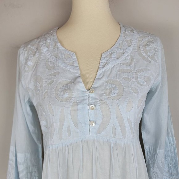 Le Cera Hand Sewed Blue Floral Patchwork Button Beach Cover Up Sheer Tunic Top S - Picture 4 of 15